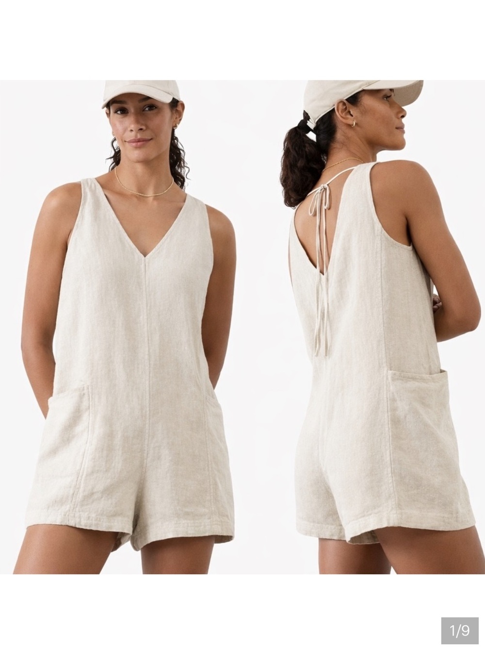 Athleta Retreat Linen Romper Beige Undyed Size S 100% Linen Tie Back Travel